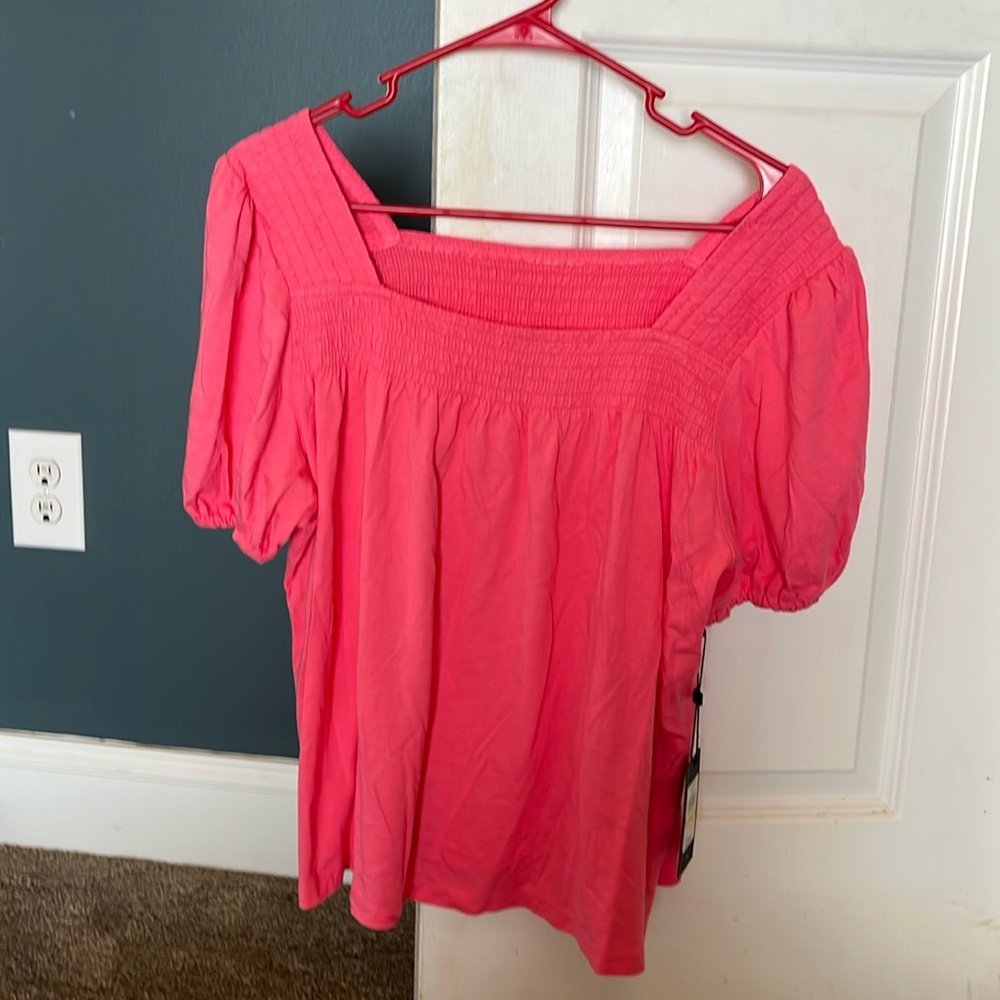 MODAL knit Top Smocked Puff Sleeve Square Neck Top pink Tommy Hilfiger NWT